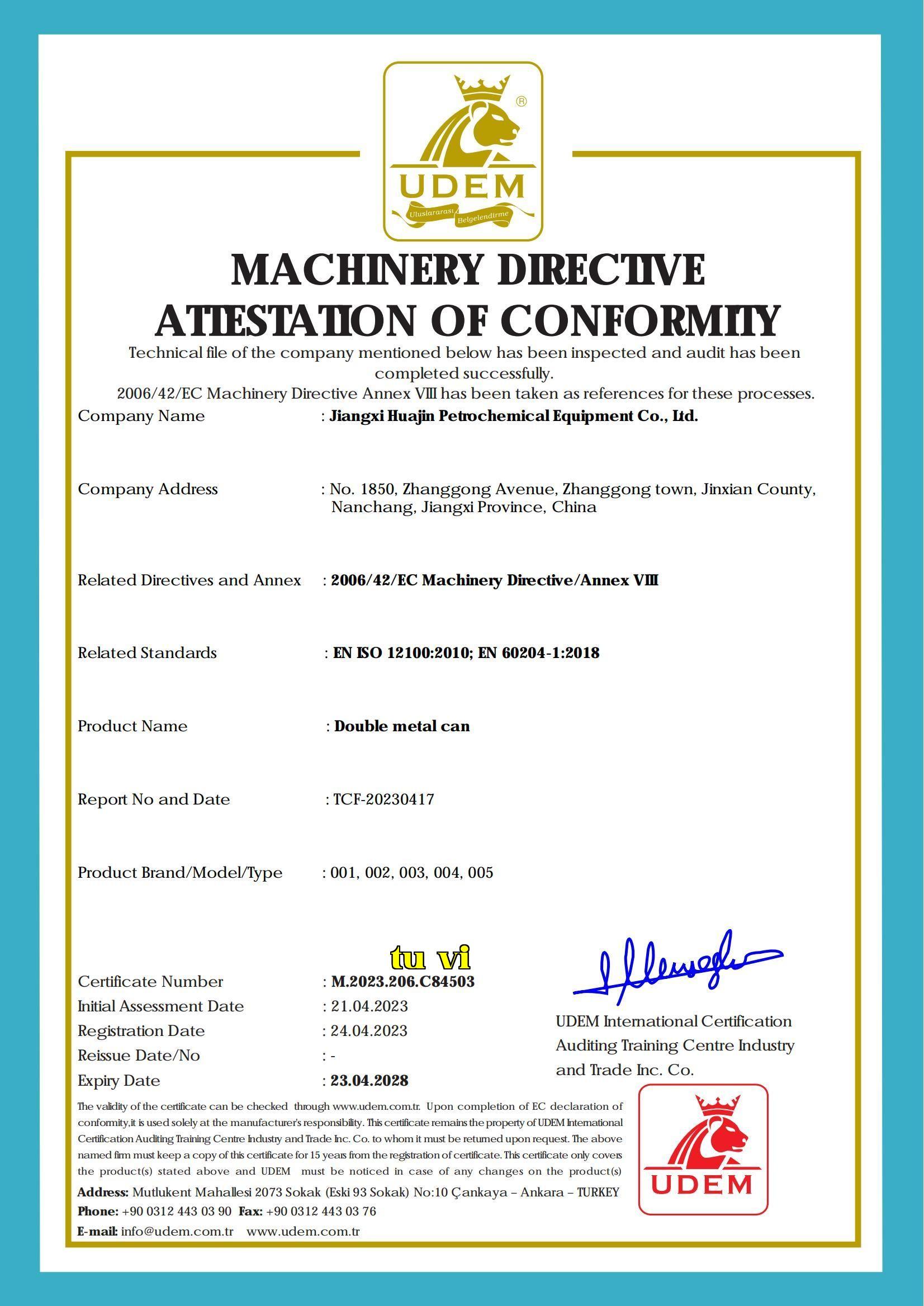 MACHINERY DIRECTIVEATIESTATON OF CONFORMIIY